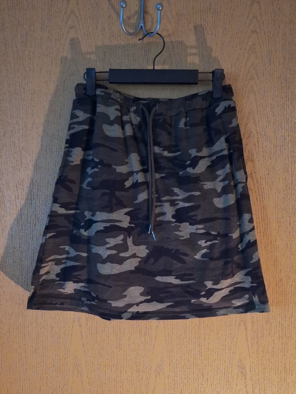 Women's Camo Drawstring Mini Skirt in Olive/Black With Shorts